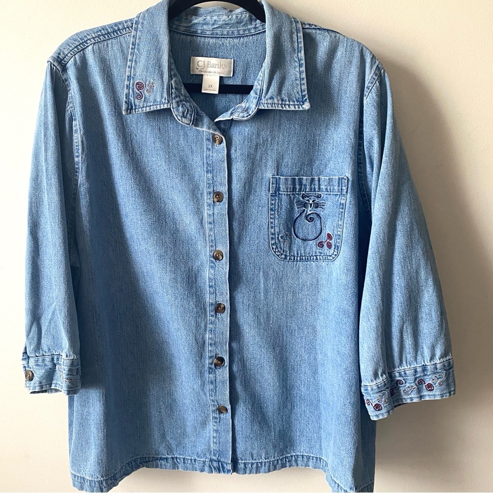 C J Banks Womens  2X Denim Button-down Shirt w/Kitty on Front & Back 3/4 Sleeve